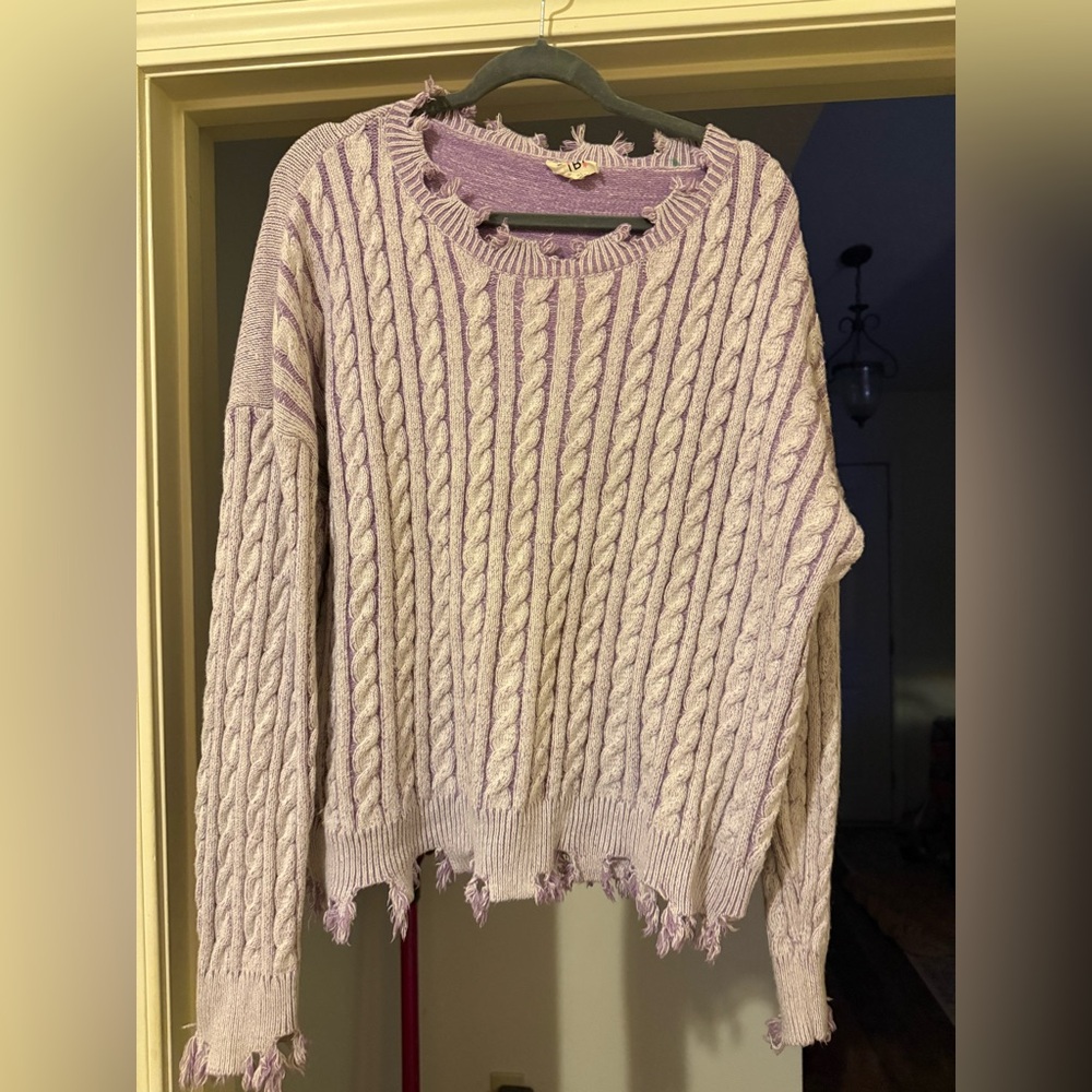 BiBi Lavender and Cream Distressed Cable Knit Sweater